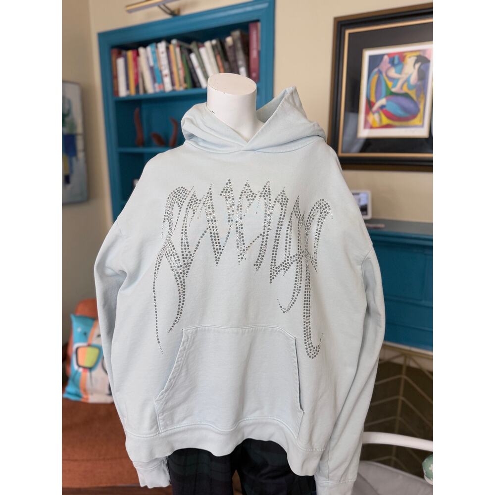 Revenge Rhinestone Hoodie Skull Graphic Light Blue Streetwear Size XL